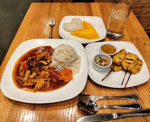 Spicy Basil Chicken, Chicken Satay Skewers, and Sliced Mango w/ Sticky Rice