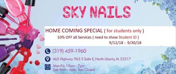 -HOME COMING SPECIAL-
10% OFF all services for students
Valid from 9/12/18 - 9/30/18
Mention Code: HC10
Must Present Student ID