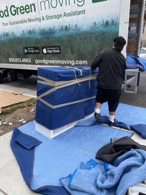 Careful wrapping of furnishings that were being taken/delivered to a friend in Berkeley