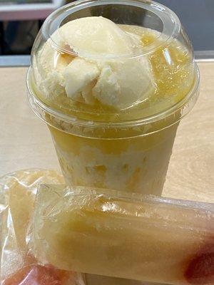 Mango raspado with vanilla ice cream Strawberry-Pineapple paletas