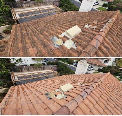 Before & After of a tile roof cleaning that we did.