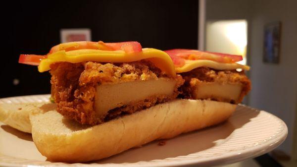 Take & bake fried chicken sandwich ($9). Not great. Chicken was rubbery, cheese didn't taste good.