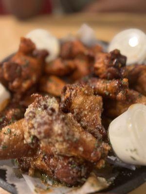 Garlic Parmesan wings., hot honey and hot garlic wings