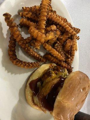 Great burger with sweet potato fries.