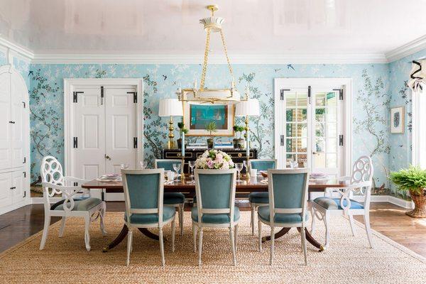 Lake Forest Showhouse Dining Room featuring high gloss paint and luxury wallcoverings