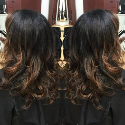 Natural Dark Ash Brown Base to Natural Base and Bright Golden Blonde and Copper Ash Balayage Highlights