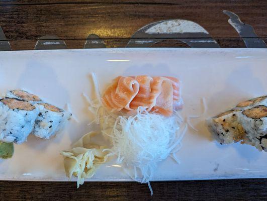 Yellowtail Roll and Salmon Sashimi