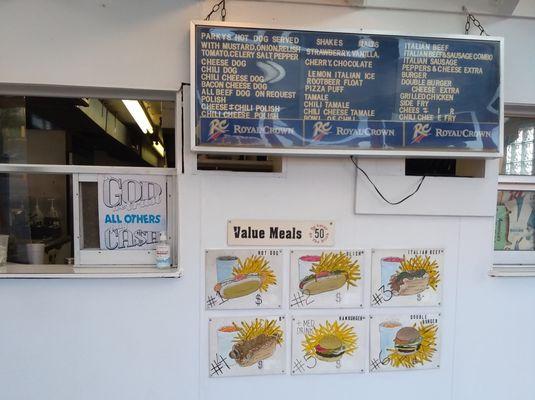 No prices, but here's the menu.  A double cheeseburger with fries is $9.00.