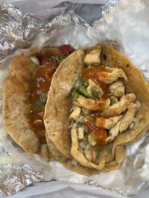 Chicken taco, chorizo taco