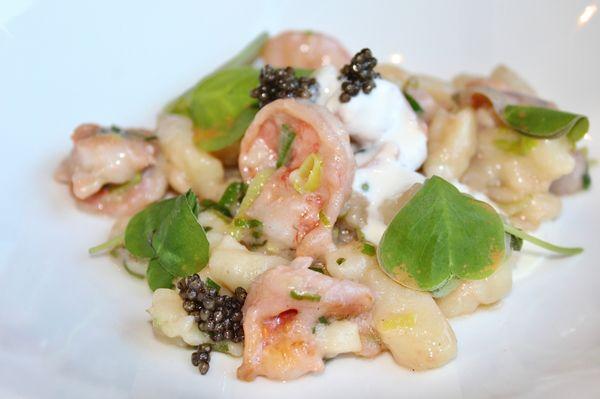 The Potato Gnocchi is made with Florida white shrimp, wild sorrel, crème fraiche, & caviar.