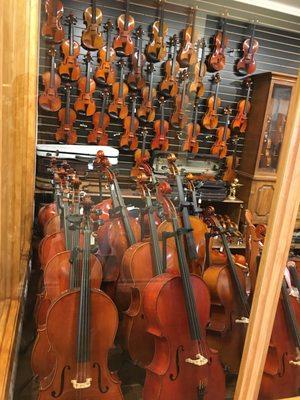 Our HUGE selection in Violins, viola's and cello's. Come check it out!