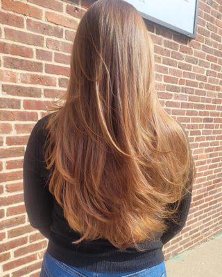 Fall ombre hair color, and long layer haircut.