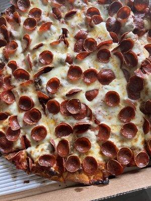 15 inch Pepperoni and Sausage Topper. Sausage is underneath the cheese and pepperoni.