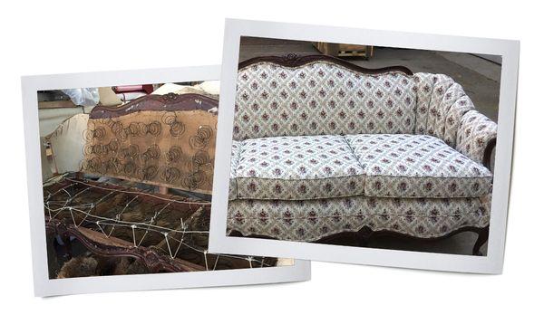 Before and after image of a damaged Victorian style couch that was beautifully reupholstered.