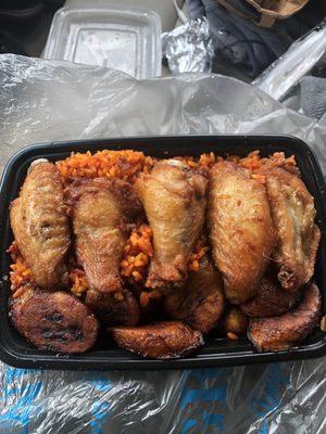 This plate is called the wing combo ( wings plantains and jollof rice) which i bought on Tuesday 3/26/24