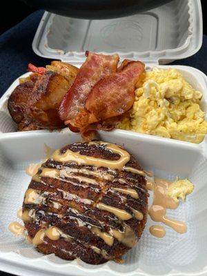 Salmon Cake, Scrambled eggs, bacon, old bay maple potatoes