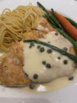 Chicken piccata group luncheon. Good chicken but bland spaghetti and veggies