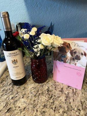 She's so great that she and Buddy got me flowers, wine, and a card for my birthday