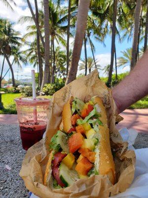 The Tropical Hummus vegan sandwich, The Underground juice with carrot, celery, beet and apples.