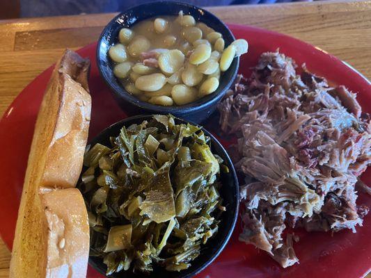 Small Pulled Pork Platter, Collard Greens, Lima Beans and Garlic Toast.