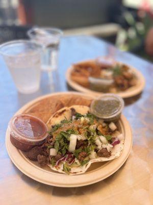 Jamaican carne asada tacos with jerk chicken tacos