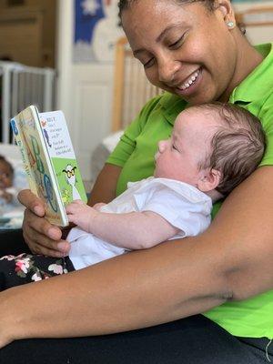 Reading story to infant by many different emotions and expressive sounds will supports social and emotional development.