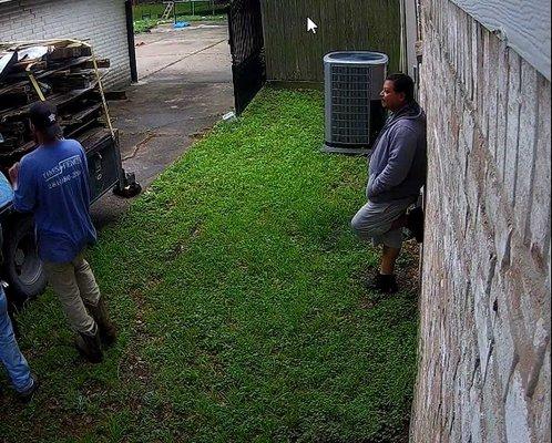 Leaning on neighbors wall with muddy shoes