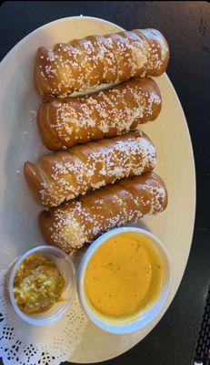 Pretzel Bites. Nice & salty with choice of a hearty mustard or cheese dip. Excellent with a ice cold brew.