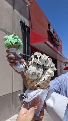 Mint chocolate chip on sugar cone and Oreo on waffle cone