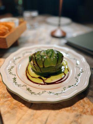 "Caprese salad" which is more of a stuffed green tomato with fresh basil, gooey mozzarella and balsamic drizzle (super delicious!)