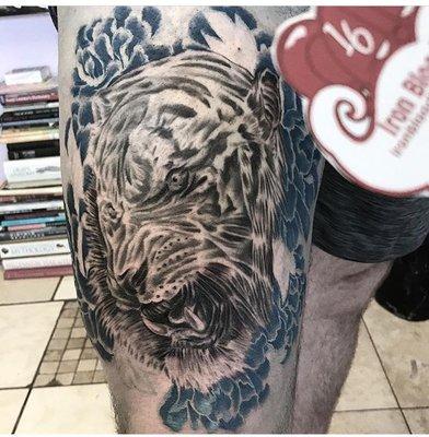 Tiger thigh Tattoo at Iron Blood Tattoos in Tampa