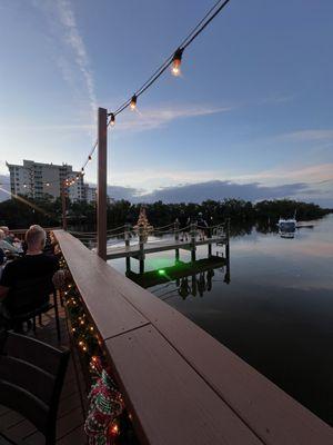 View from our table in the deck with the Christmas tree on the bay...