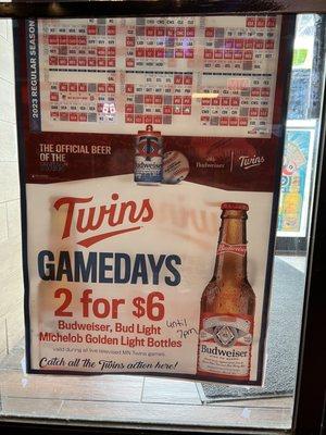 Bud specials during Twins' game days.