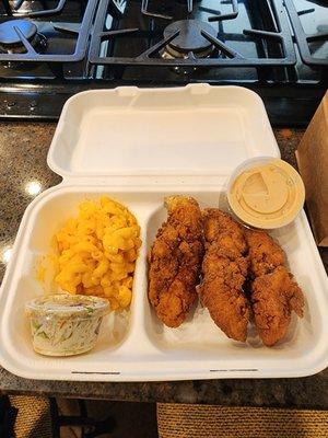 The Chicken Tender, Mac & Cheese, Cole Slaw and Theory Sauce