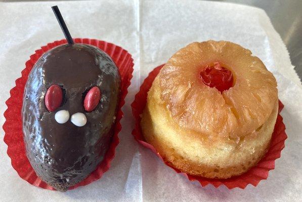 Chocolate mouse cake and a upside down pineapple cake.