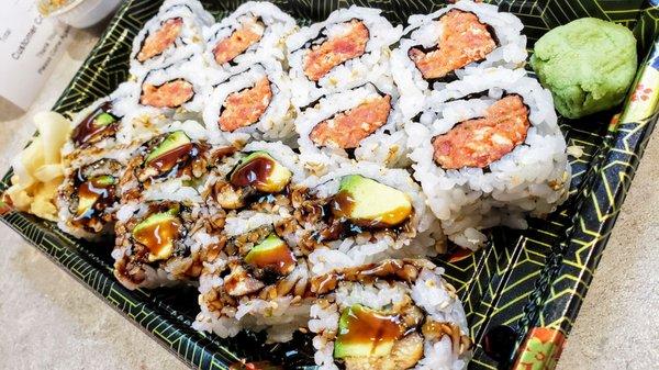 $7.99 lunch deal - you pick 2 rolls (Eel-Avocado + Spicy Tuna here) - good!!!