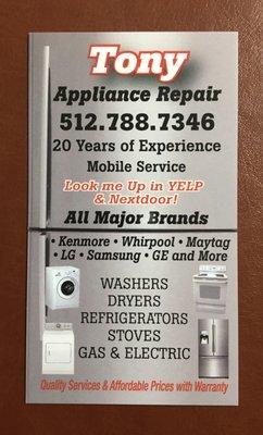 Tony's business card!  Keep it handy if you need immediate help with appliance repair at an affordable price!