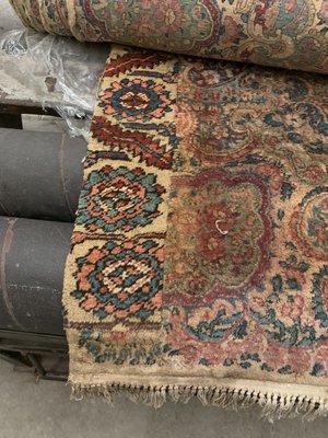 Ruined 200 yr old Kirman hand woven wool rug palace size. I dropped to my knees in tears.