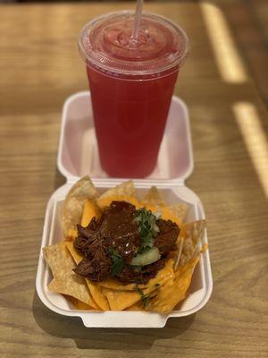 New item. Barbacoa nachos. Watermelon agua fresca.