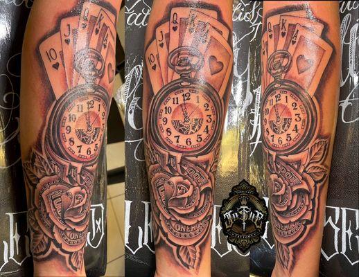 Rose with pocket watch and straight flush poker cards tattoo by josue torralba almanegra tattoo studio Snohomish wa tatuaje de baraja