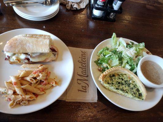 Turkey provolone melt and tomato pesto pasta salad. Spinach quiche, mushroom soup and Cesar salad