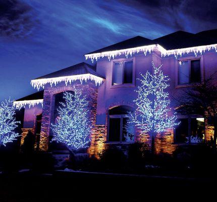 Home decorated with LED Glacier Artisticks and 13' LED Cherry Blossom Trees