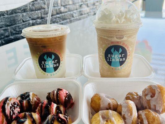 Caramel macchiato (iced) and chai frappe with a shot of espresso, mini donuts with sundae drizzle and blueberry drizzle.