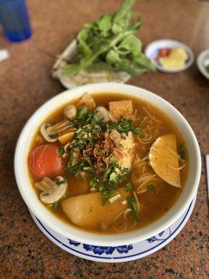 vegetarian Crab and tomato noodle soup. The crab cake in the soup is EPIC.