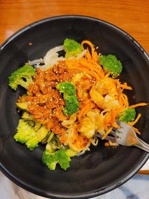 Low Carb Two Meat Bowl: shrimp & spicy pork, broccoli, cabbage, onion, carrots, squash.