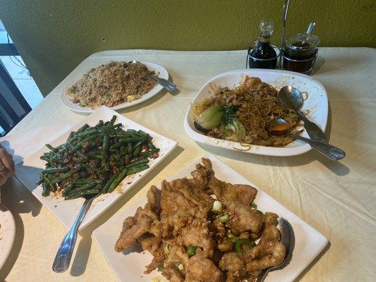 Green beans- salt & pepper pork - Honk Kong Crispy Noodles and Fried rice