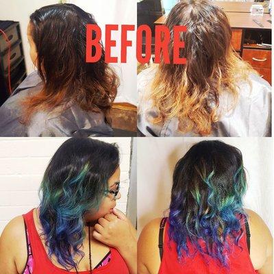 Before and after of a fashion color galaxy inspired balayage