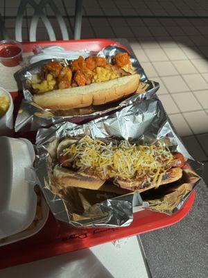 Pulled pork hot dog and buffalo chicken Mac and cheese hot dog