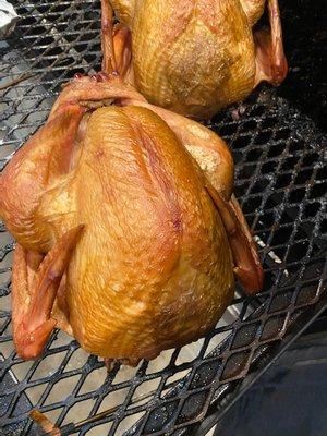 Smoked Turkey!  We offer this at Thanksgiving and Christmas.  It is a huge hit...especially for those who think that turkey has to be bland.