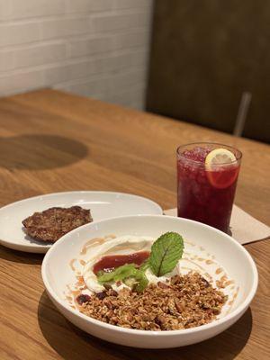 Granola bowl, sausage patty, hibiscus aqua Fresca